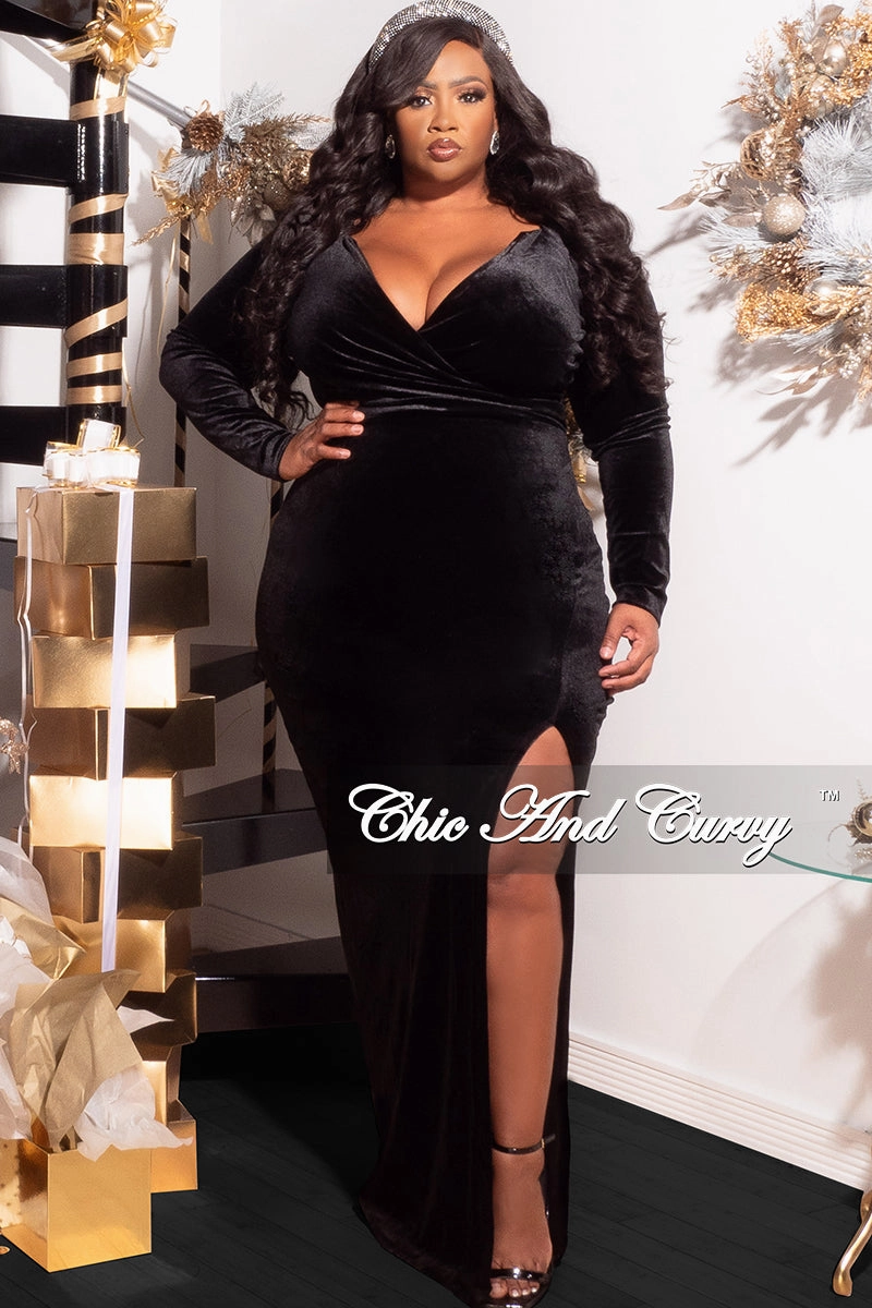 Sustainable Material Blend Final Sale Plus Size Faux Wrap Ruched Gown Velvet with Slit in Black