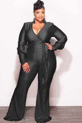 Final Sale Plus Size Faux Wrap Ruched Sleeve Shiny Jumpsuit in Black Wrinkle Free Fabric