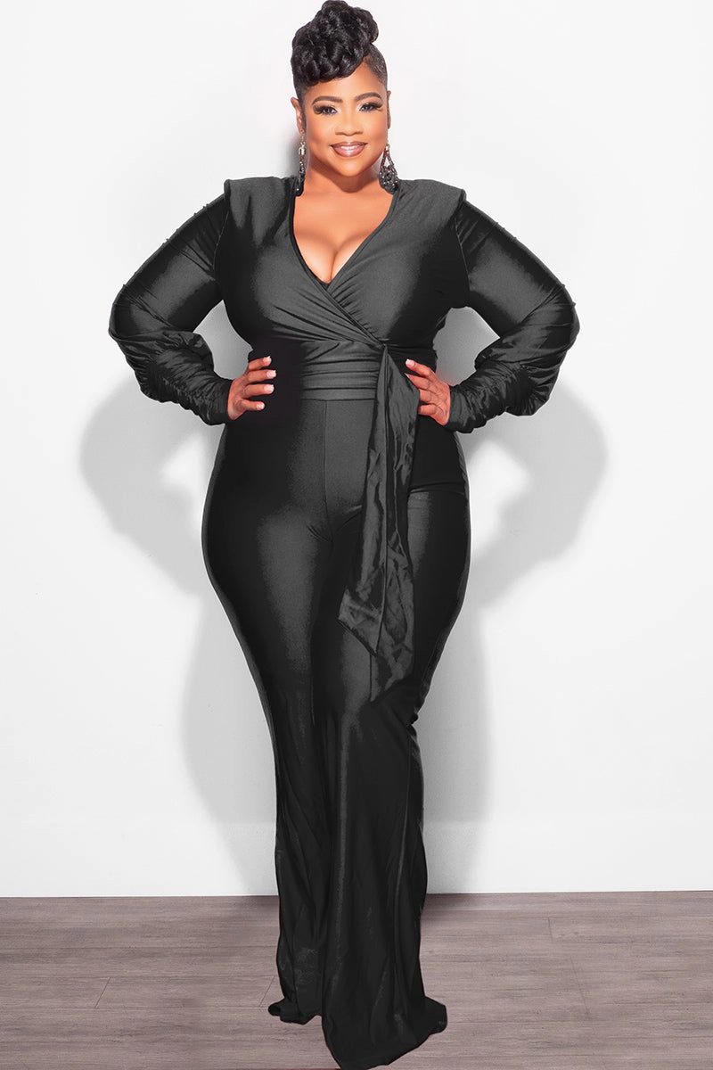 Final Sale Plus Size Faux Wrap Ruched Sleeve Shiny Jumpsuit in Black Roomy Shape TouchscreenCompatiblePockets