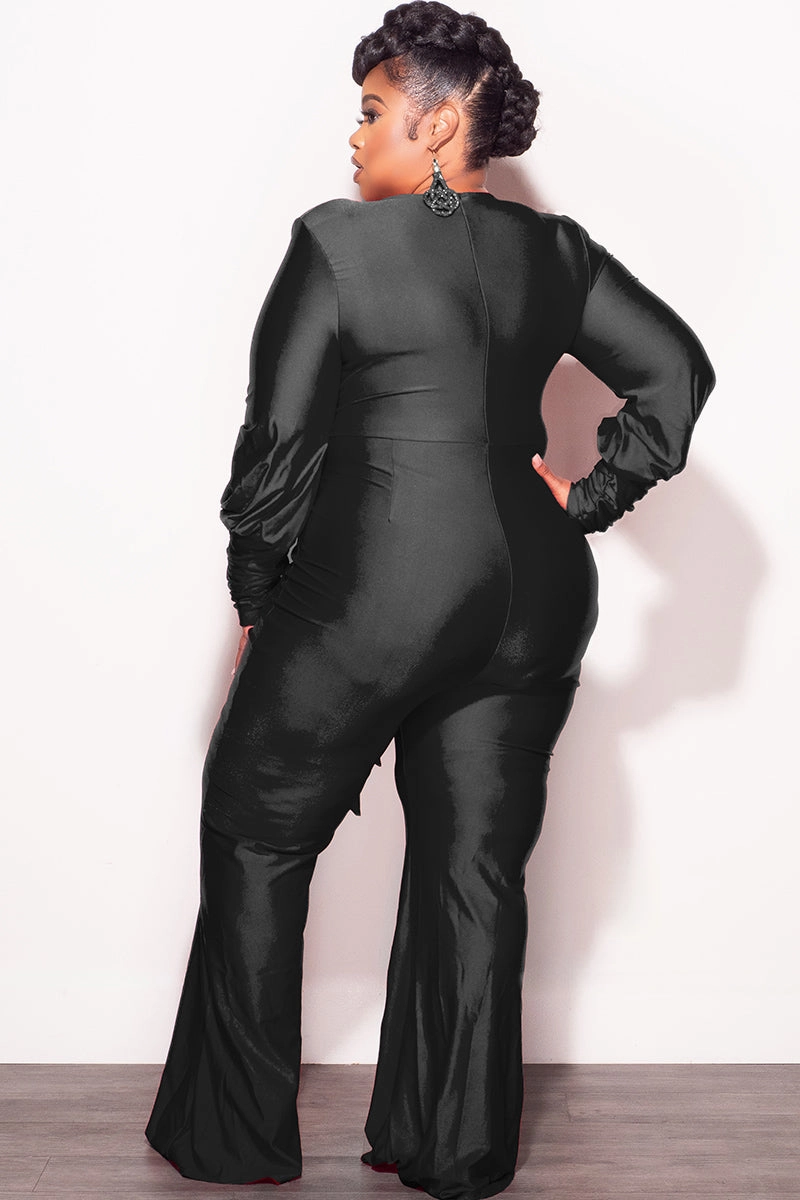 Final Sale Plus Size Faux Wrap Ruched Sleeve Shiny Jumpsuit in Black Sport Performance