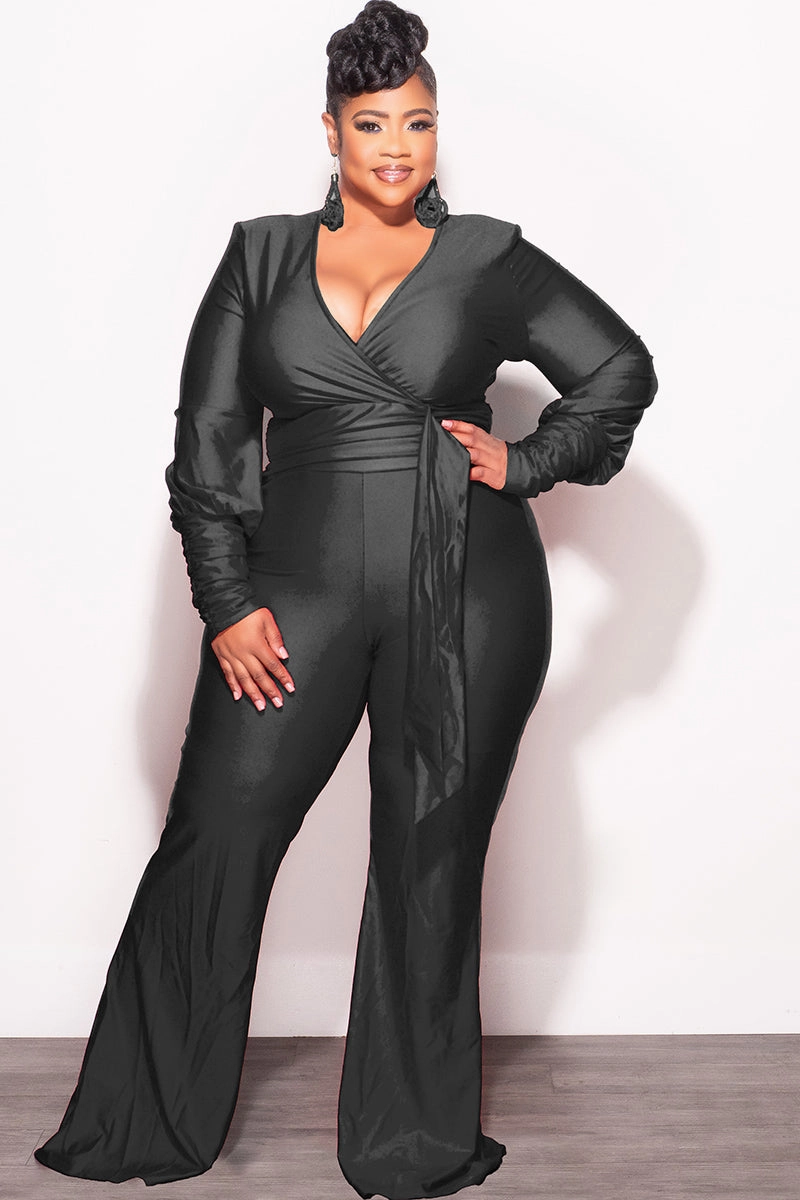 Final Sale Plus Size Faux Wrap Ruched Sleeve Shiny Jumpsuit in Black Wrinkle Free Fabric