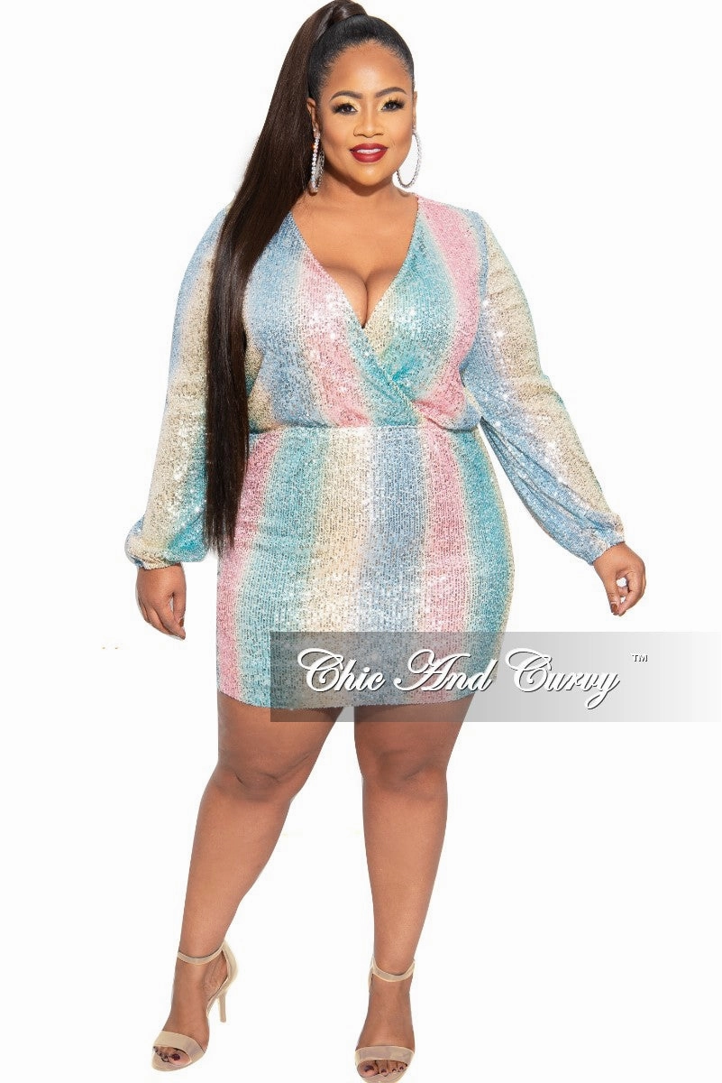 Final Sale Plus Size Faux Wrap Sequin Mini Dress in Multi Pink Blue Yellow Comfortable Style Comfort Stretch