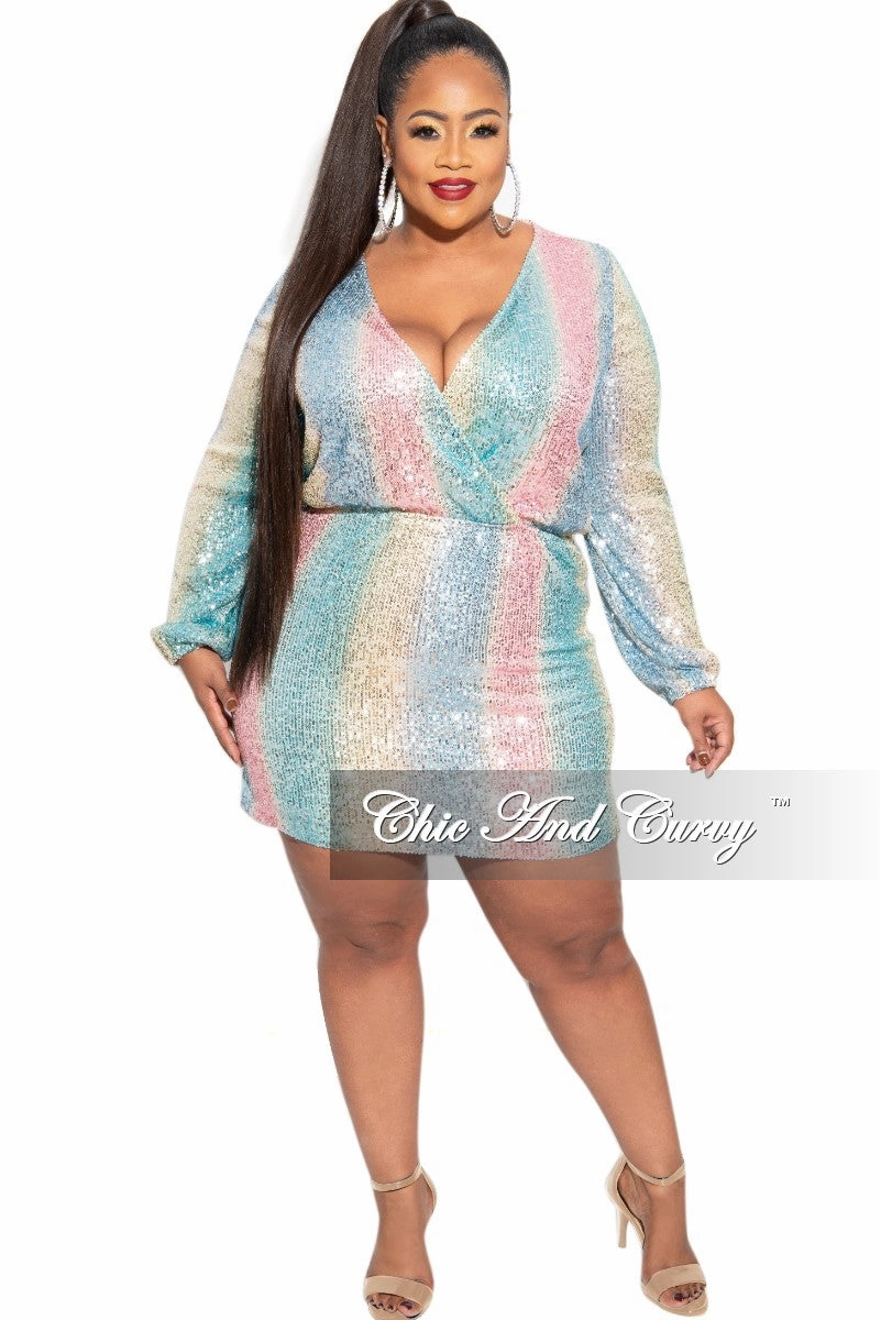 DurableConstruction work mode Final Sale Plus Size Faux Wrap Sequin Mini Dress in Multi Pink Blue Yellow