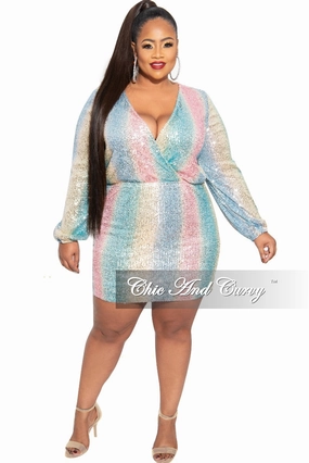 Final Sale Plus Size Faux Wrap Sequin Mini Dress in Multi Pink Blue Yellow Comfortable Style Comfort Stretch