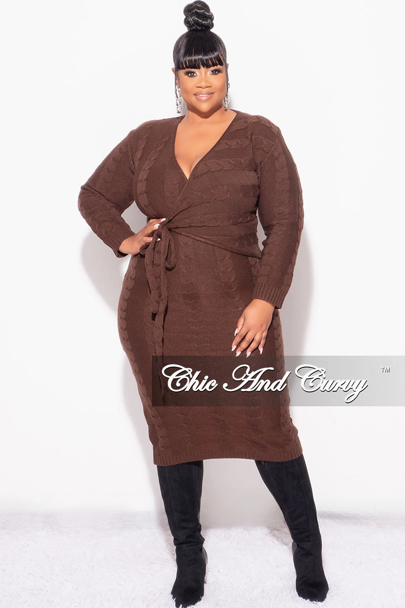 Final Sale Plus Size Faux Wrap Sweater Dress in Brown Comfort Wear Chilly Comfort