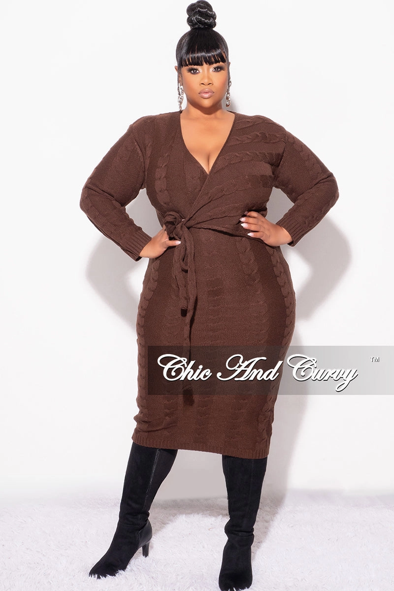 Final Sale Plus Size Faux Wrap Sweater Dress in Brown Versatile Layer