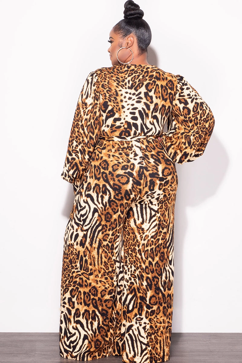 Shape Flex Roomy Shape Final Sale Plus Size Faux Wrap Tie Jumpsuit in Brown Leopard Print