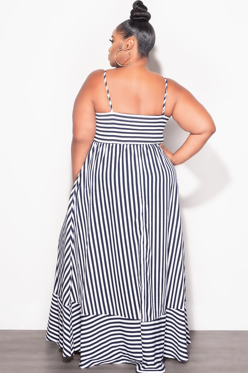 Final Sale Plus Size Frill Spaghetti Strap Maxi Dress in White and Navy Stripe Print Shape Flex Relaxed Waist