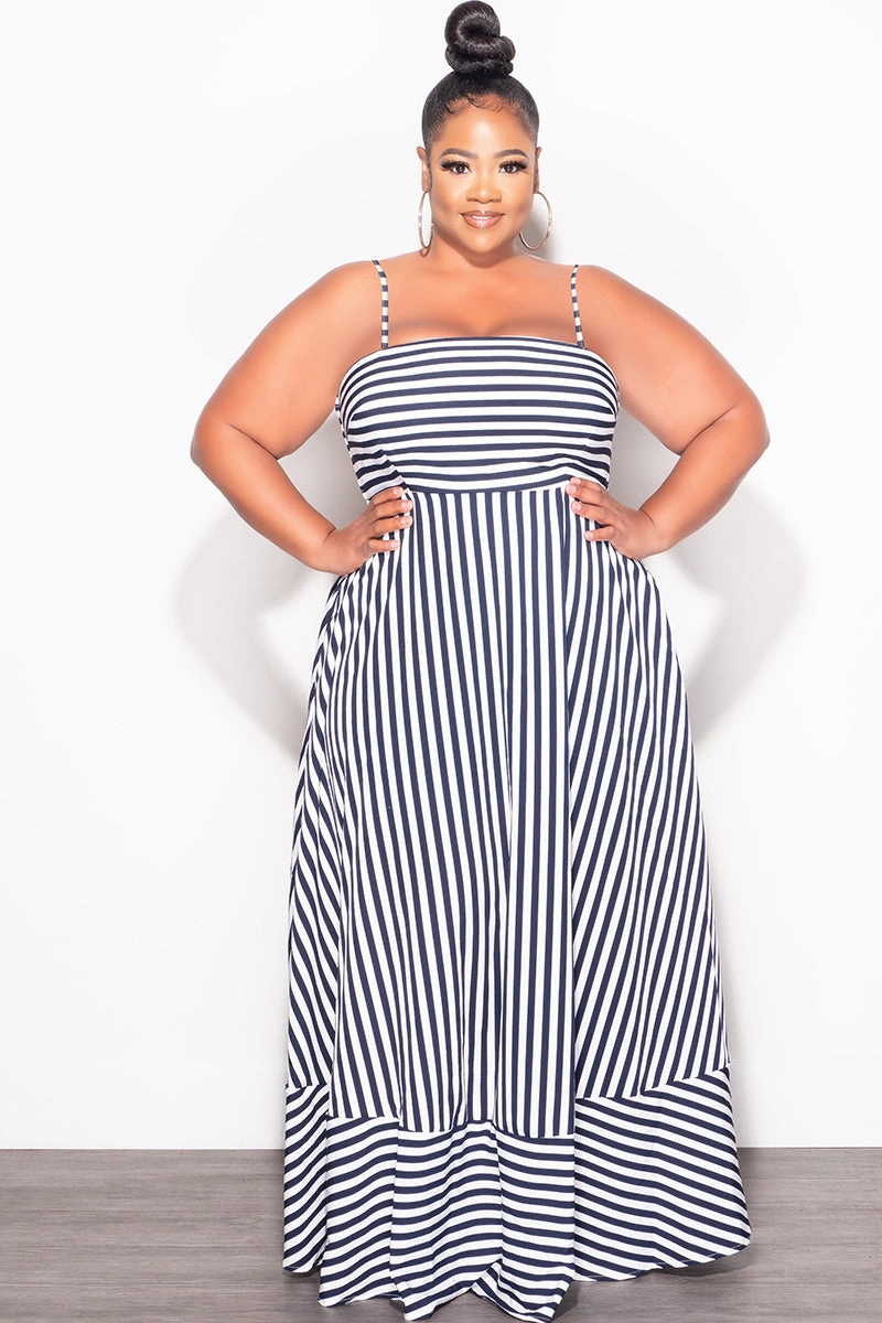 Final Sale Plus Size Frill Spaghetti Strap Maxi Dress in White and Navy Stripe Print Anti Cling Finish