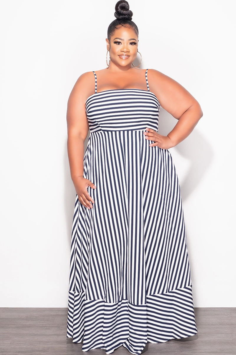 Breathable Wearable simple design Final Sale Plus Size Frill Spaghetti Strap Maxi Dress in White and Navy Stripe Print