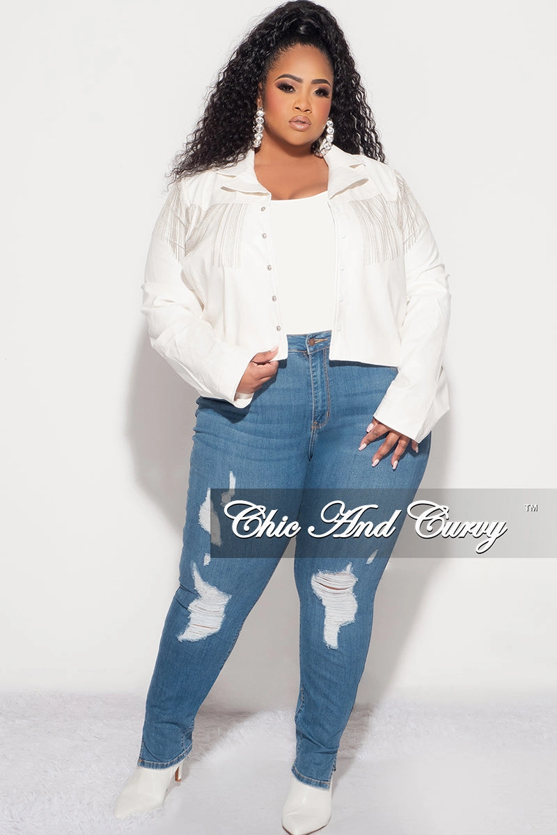 Final Sale Plus Size Fringe Faux Leather Jacket  in White Comfy Movement Fit Adjustable Closure
