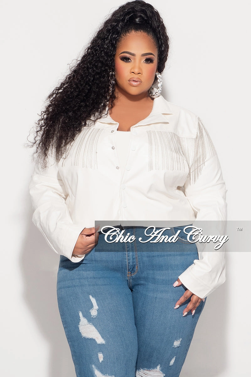 Final Sale Plus Size Fringe Faux Leather Jacket  in White Core Stretch
