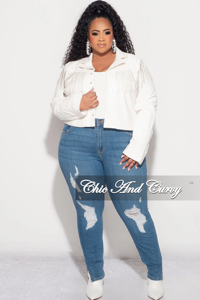 All-Day Wear WaterproofTechnology Final Sale Plus Size Fringe Faux Leather Jacket  in White
