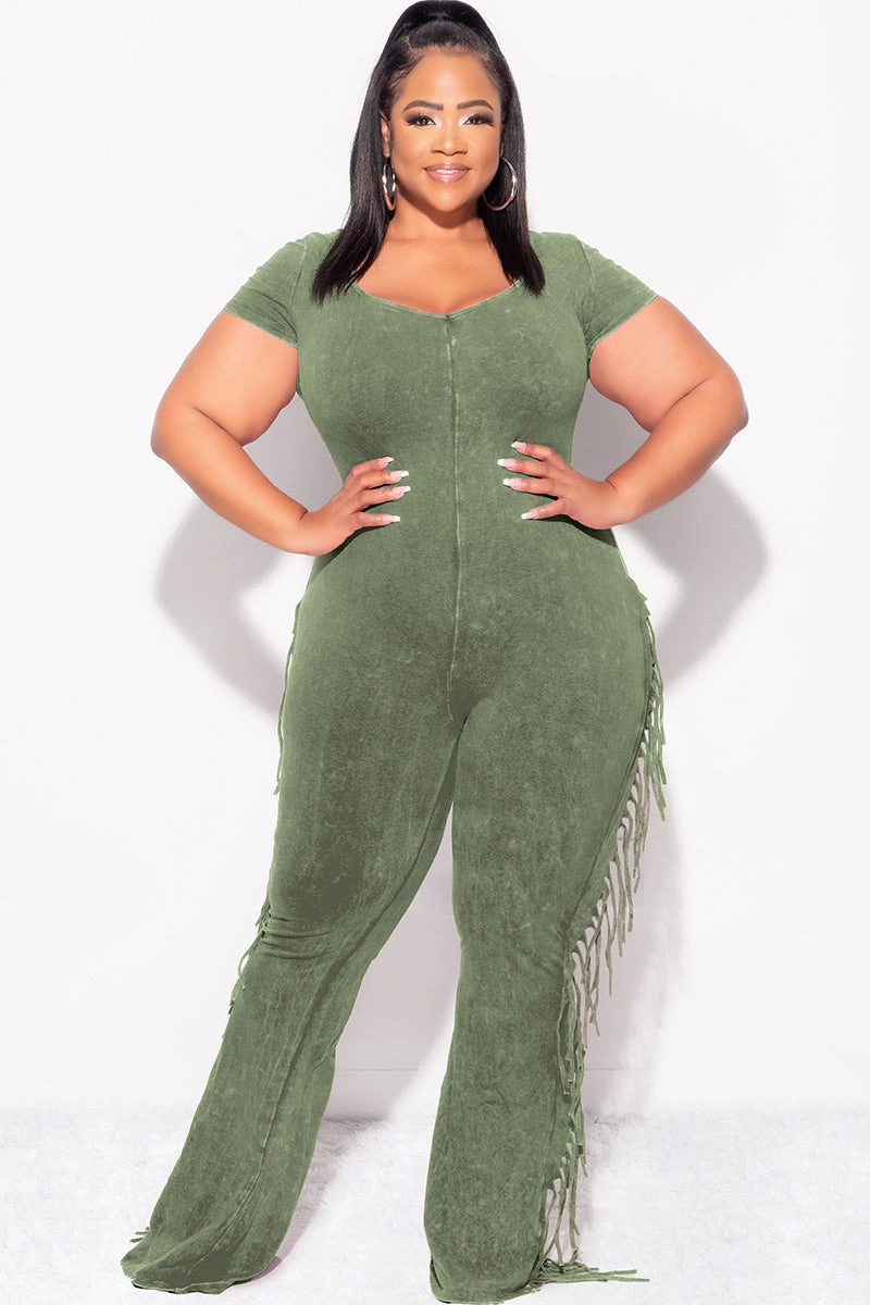 Final Sale Plus Size Fringe Jumpsuit in Olive Agile Fit