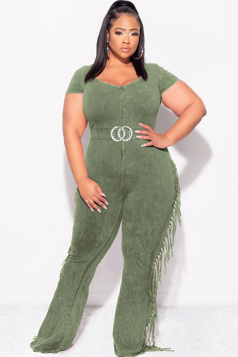 Freedom Motion Chic Fit Final Sale Plus Size Fringe Jumpsuit in Olive
