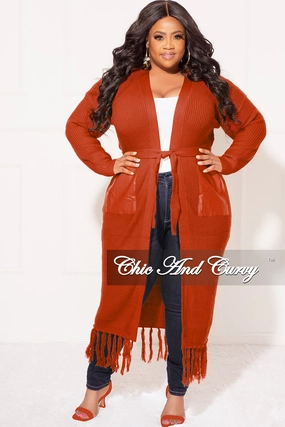 Final Sale Plus Size Fringe Knit Sweater Duster with Faux Leather Pockets in Rust Weather Ready