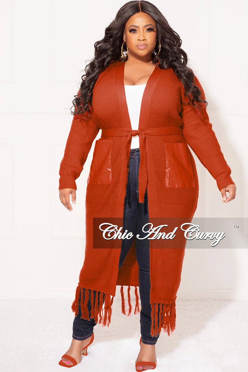 Chic Look Final Sale Plus Size Fringe Knit Sweater Duster with Faux Leather Pockets in Rust