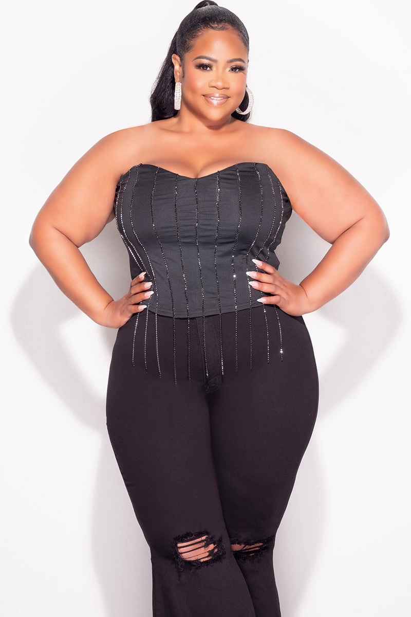 Final Sale Plus Size Fringe Rhinestone Tube Top in Black Quality Material