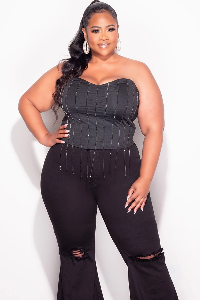 Final Sale Plus Size Fringe Rhinestone Tube Top in Black Quick-Dry Material Travel Essential