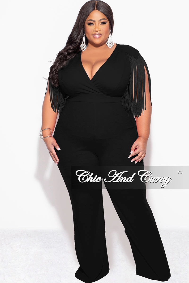 Final Sale Plus Size Fringe Shoulder Faux Wrap Jumpsuit Black Flattering Comfort Wear Breathable Weave Fabric