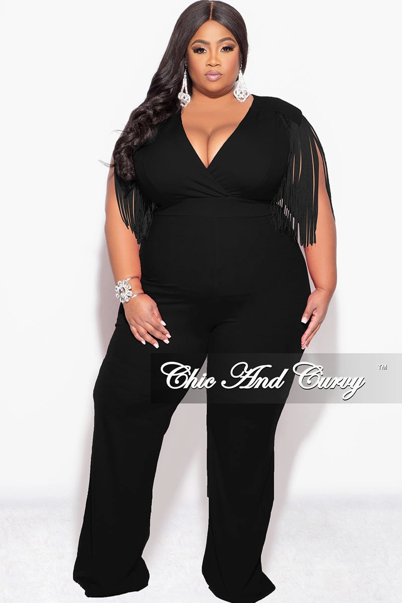 Stain Release Finish High Waist Stretch Final Sale Plus Size Fringe Shoulder Faux Wrap Jumpsuit Black