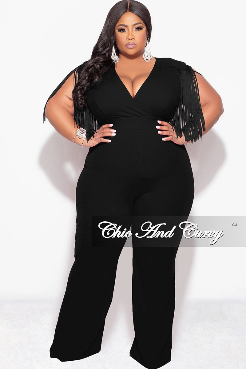 Final Sale Plus Size Fringe Shoulder Faux Wrap Jumpsuit Black Snag Free Fabric Flexible Look