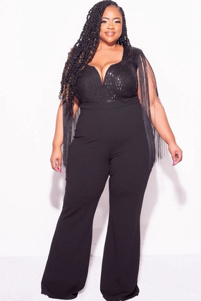 Final Sale Plus Size Fringe Shoulder Faux Wrap Sequin Jumpsuit Black Tapered ankle Tagless Labeling