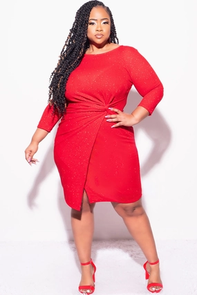 Final Sale Plus Size Glitter BodyCon with Front Overlay and Ruched Side in Red Agile Fit