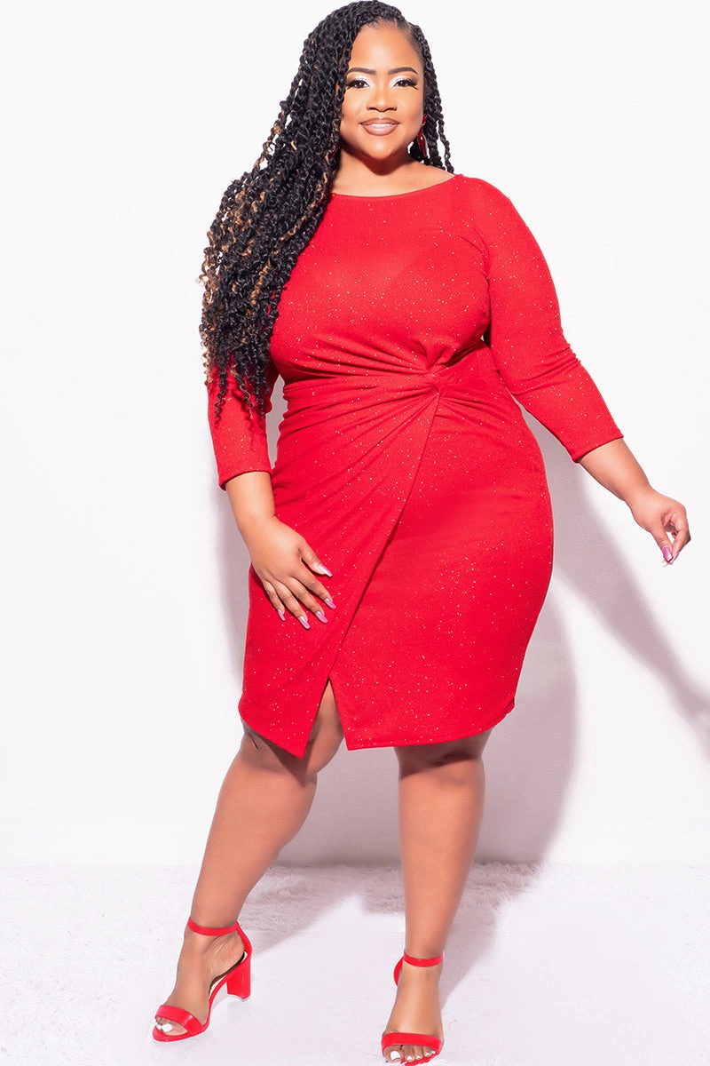 Fashionable Fit Final Sale Plus Size Glitter BodyCon with Front Overlay and Ruched Side in Red