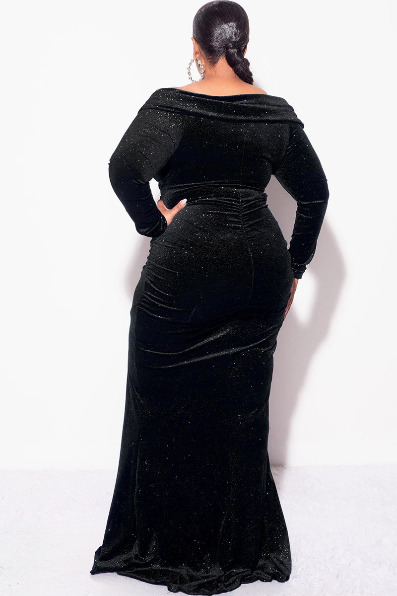 Final Sale Plus Size Glitter Off the Shoulder Velvet Gown with Side Slit in Black All Day Fit