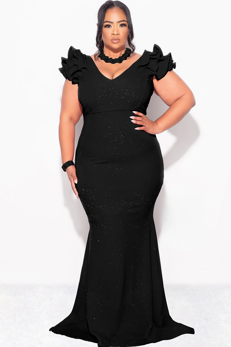Light Reflective Details Distressed finish Final Sale Plus Size Gown with Layered Sleeves in Glitter Black Fabric