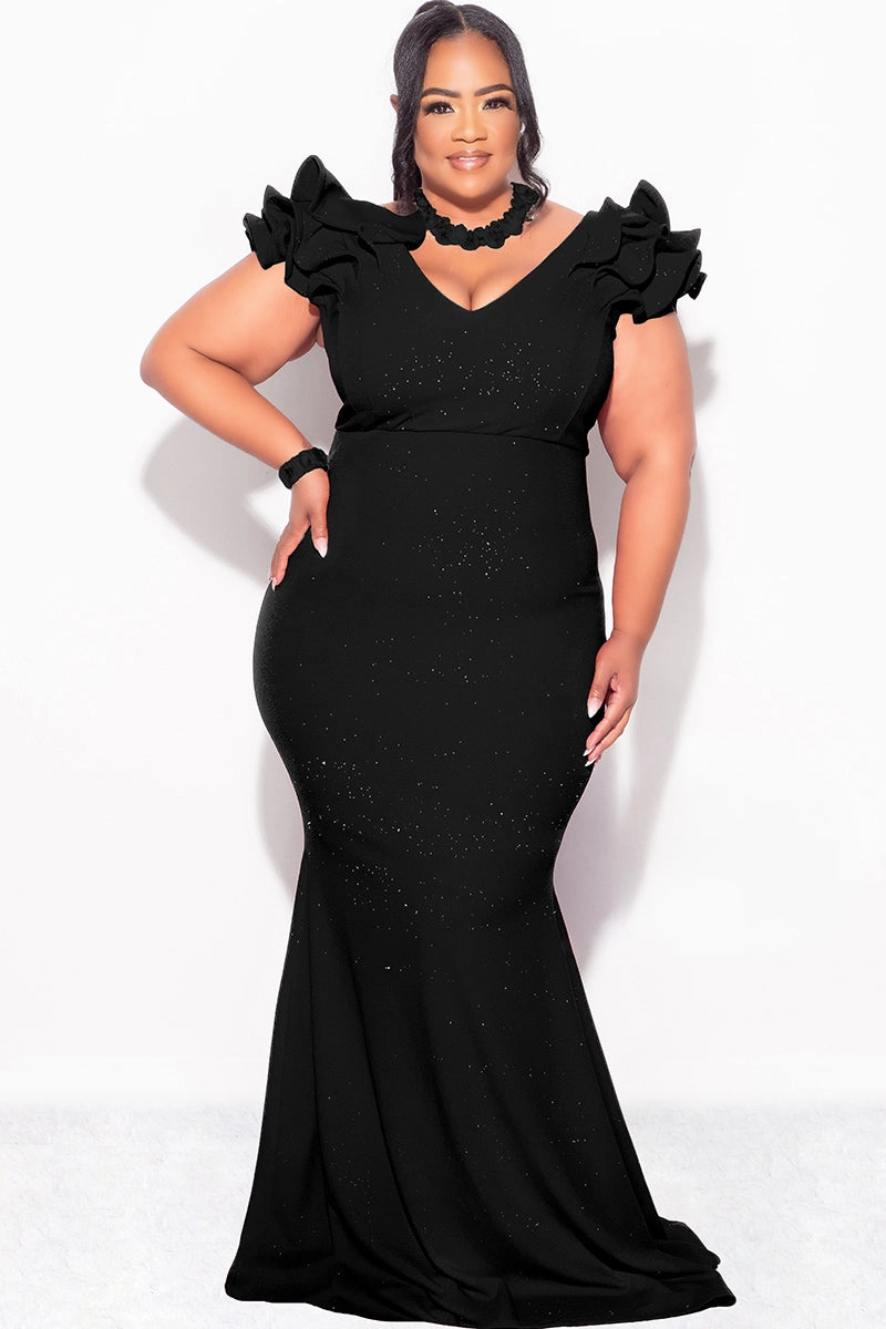 Relaxed Style AntiPillingFabric Final Sale Plus Size Gown with Layered Sleeves in Glitter Black Fabric