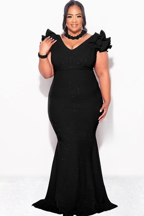 Movement Ready Fit Ripstop Fabric Technology Final Sale Plus Size Gown with Layered Sleeves in Glitter Black Fabric