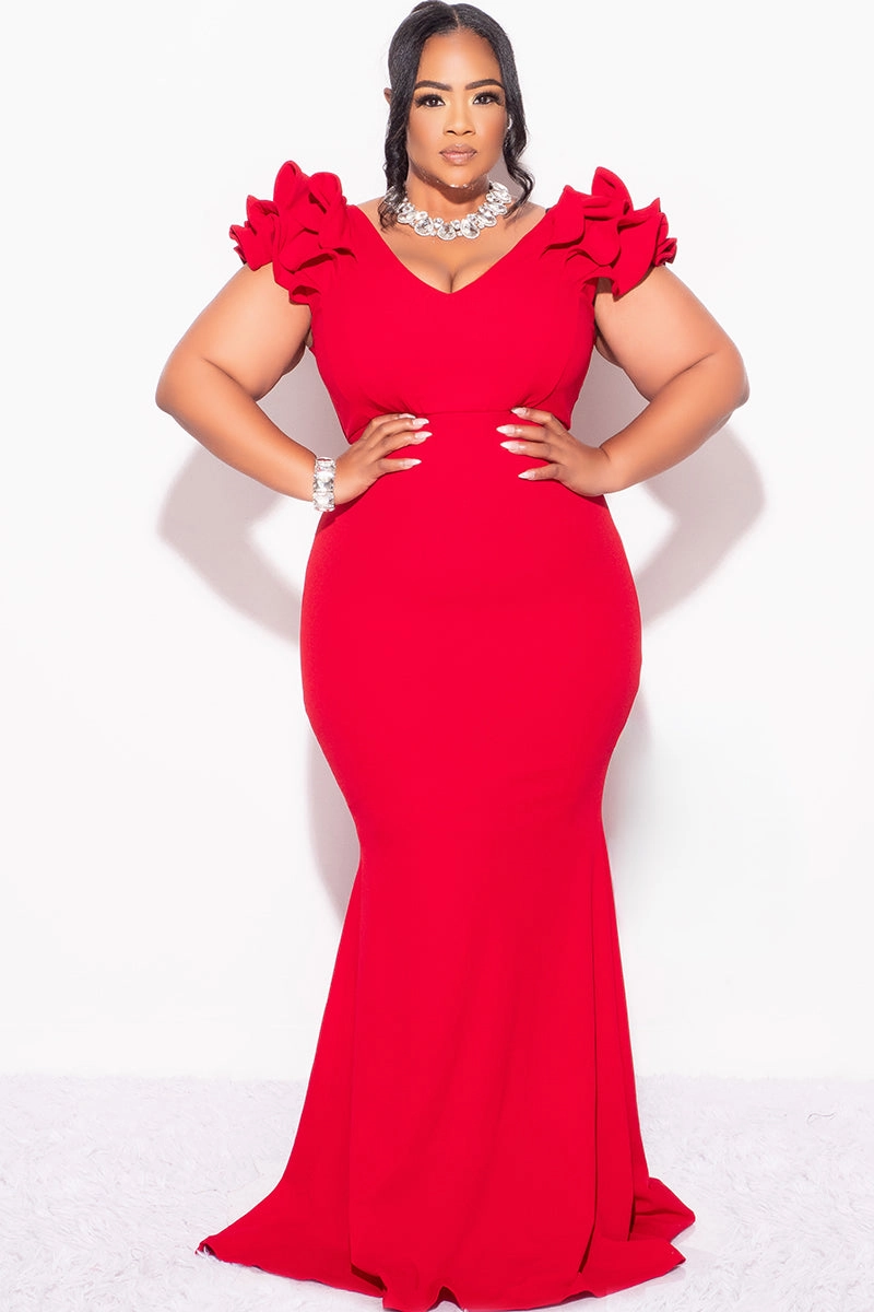 Final Sale Plus Size Gown with Layered Sleeves in Solid Red (Non-Glitter Fabric) Relaxed Design Wear