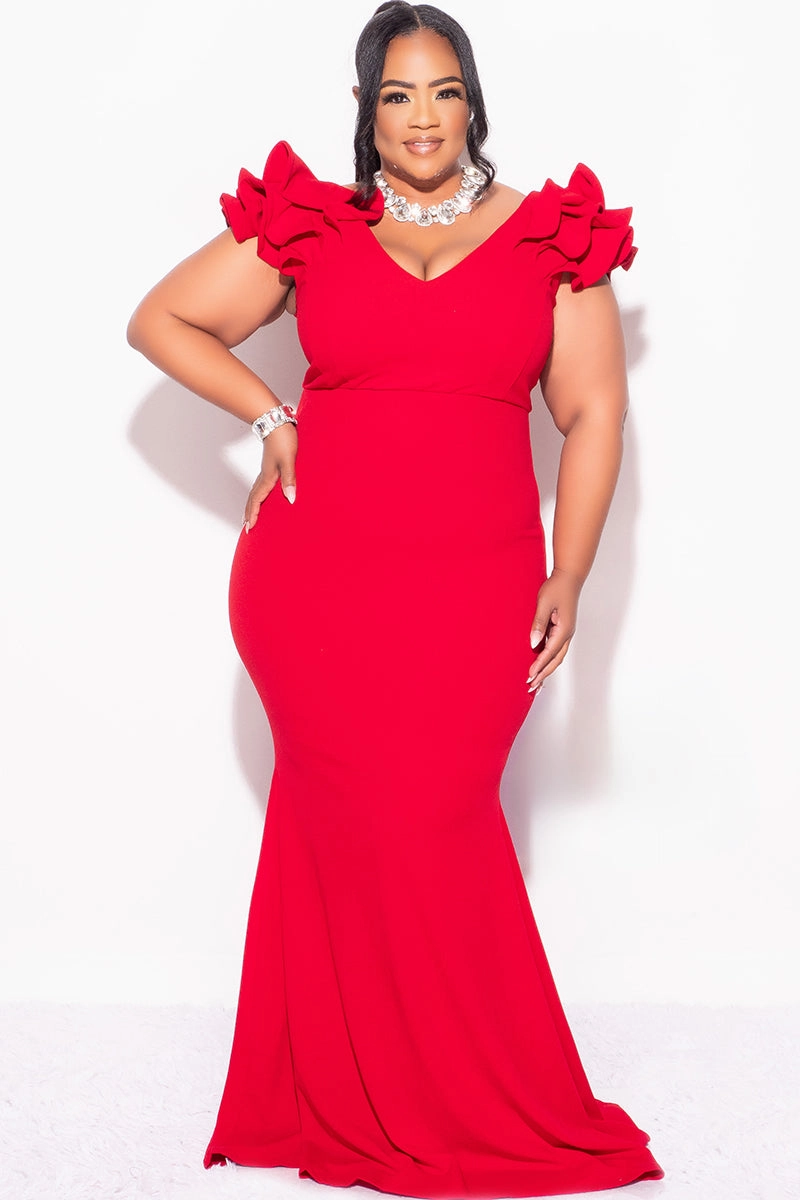 Cozy And Stylish Ventilated Panels Final Sale Plus Size Gown with Layered Sleeves in Solid Red (Non-Glitter Fabric)
