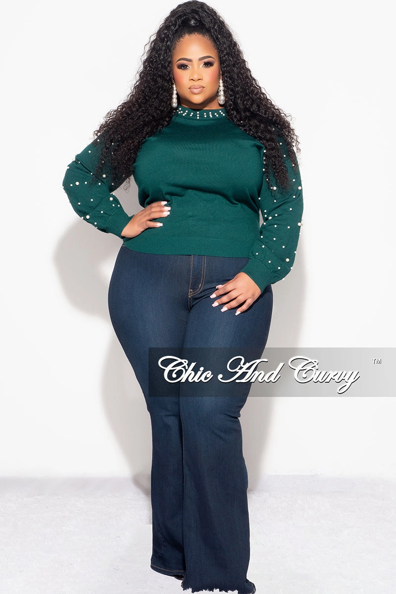 Final Sale Plus Size Green Sweater with Pearl Detailed Sleeves Perfect Fit Wear Low Bulk Design