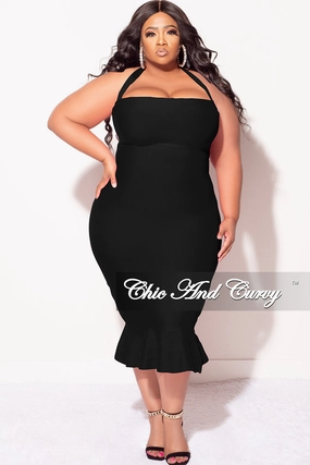 Final Sale Plus Size Halter Bandage Dress with Ruffle Bottom in Black Breathable Wear Fit