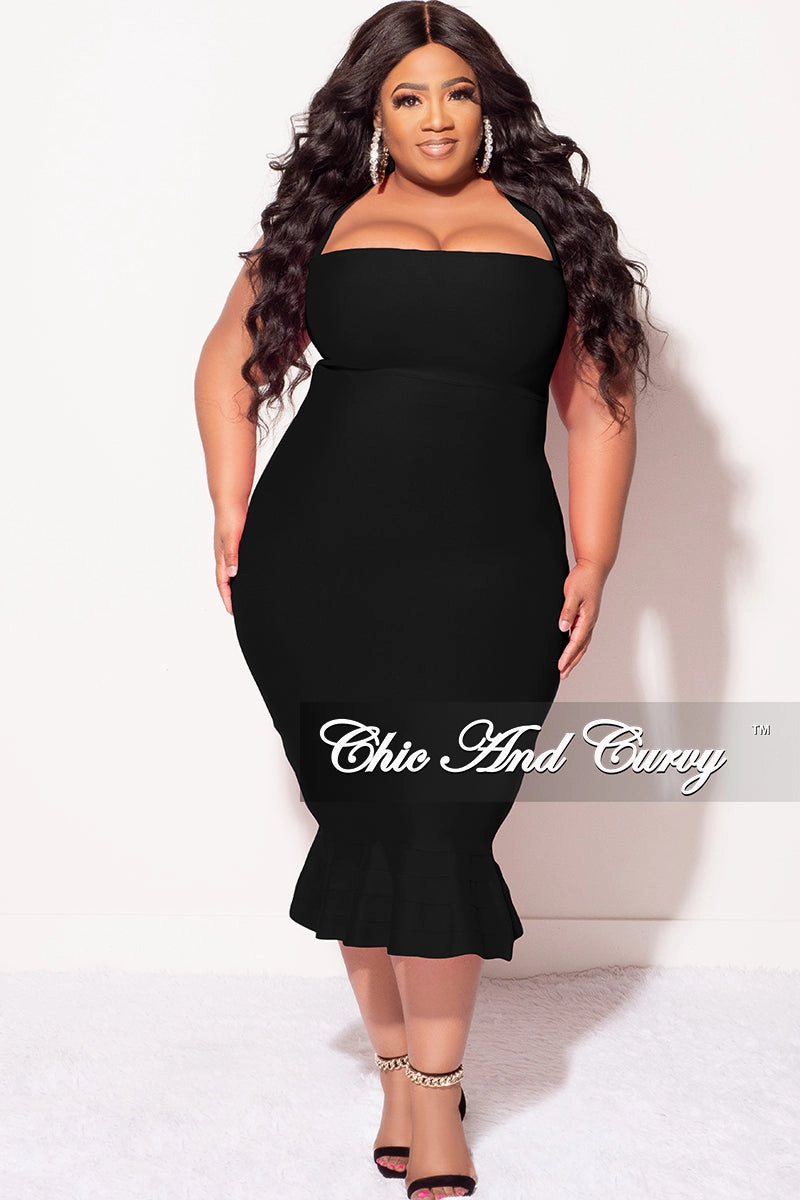 Final Sale Plus Size Halter Bandage Dress with Ruffle Bottom in Black HypoallergenicMaterial