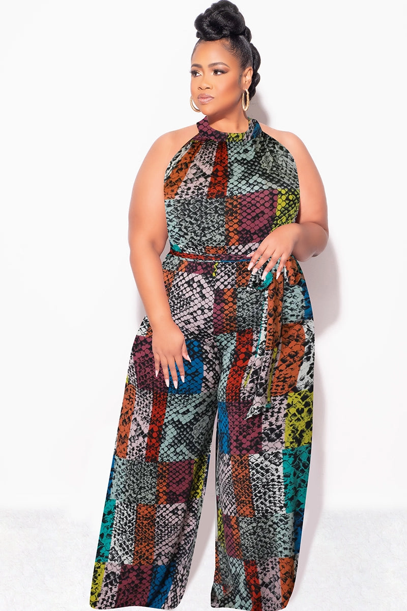 ReinforcedStitching Perfect Comfort Fit Final Sale Plus Size Halter Jumpsuit with Attached Tie Belt in Multi Color Snake Skin Print