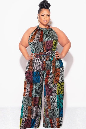 Final Sale Plus Size Halter Jumpsuit with Attached Tie Belt in Multi Color Snake Skin Print Comfy Wardrobe Stretchable