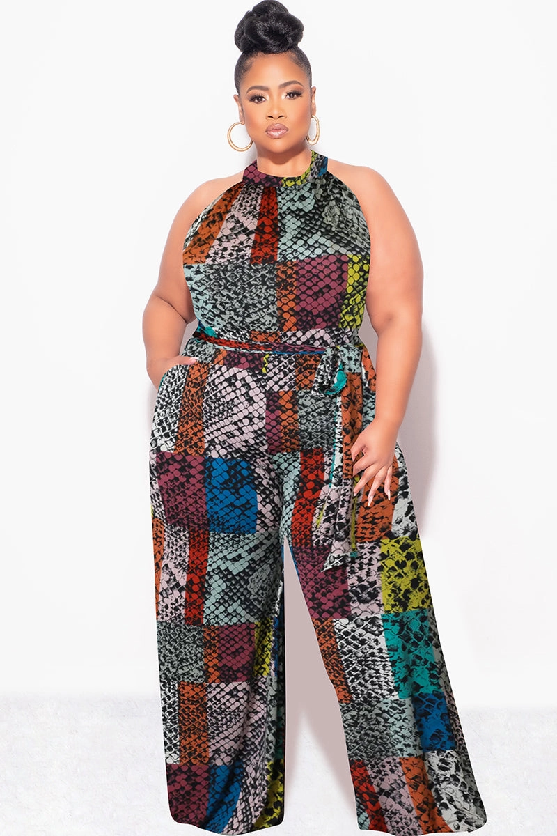 Final Sale Plus Size Halter Jumpsuit with Attached Tie Belt in Multi Color Snake Skin Print Active Stretch