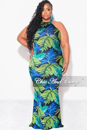 Day Comfort Final Sale Plus Size Halter Neck Sleeveless Mermaid Dress in Blue and Green Leaf Print