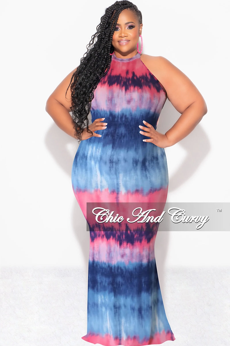 Final Sale Plus Size Halter Neck Sleeveless Mermaid Dress in Pink & Blue Tie Dye Print All Day Fit Casual Performance Fit