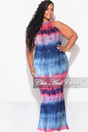 Final Sale Plus Size Halter Neck Sleeveless Mermaid Dress in Pink & Blue Tie Dye Print Performance Wear Fashionable Design