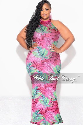 Final Sale Plus Size Halter Neck Sleeveless Mermaid Dress in Pink and Green Leaf Print Layered Wear On The Move