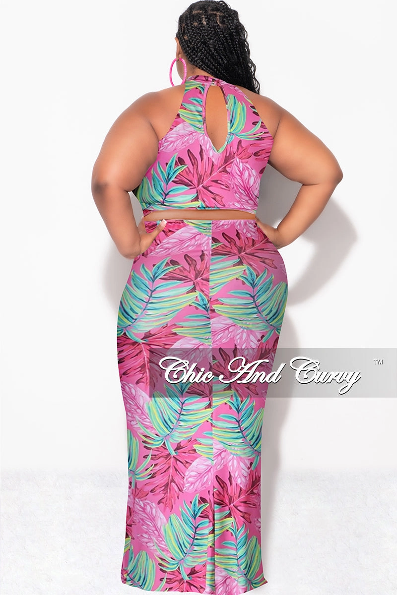 Final Sale Plus Size Halter Neck Sleeveless Mermaid Dress in Pink and Green Leaf Print Soft Material