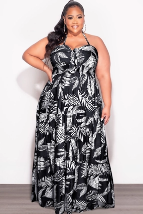 Final Sale Plus Size Halter Tiered Dress in Black and White Leaf Print Active Layer Fast Move