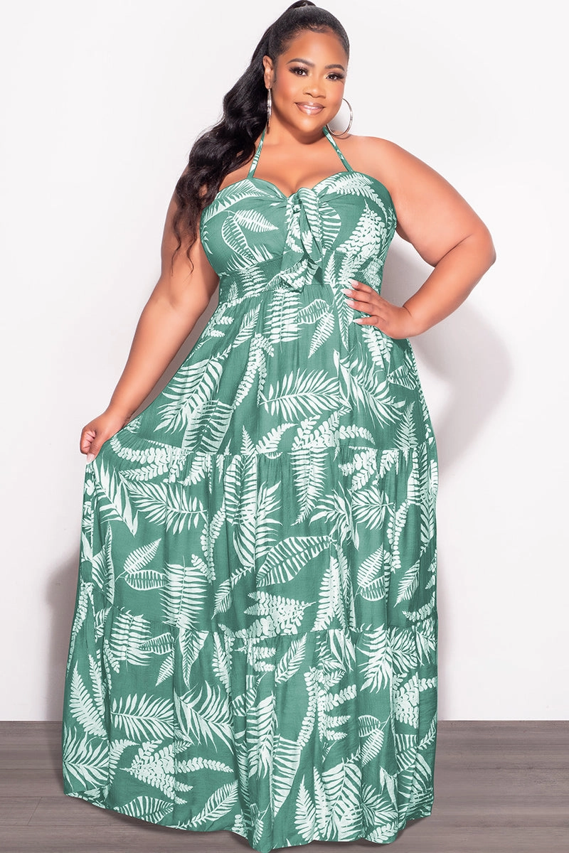 Final Sale Plus Size Halter Tiered Dress in Green & White Leaf Print TaglessLabel