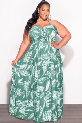 Final Sale Plus Size Halter Tiered Dress in Green & White Leaf Print TaglessLabel