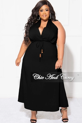 Sweat Wicking Lining Final Sale Plus Size Halter V Neck Dress in Black